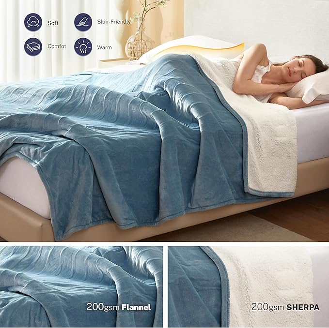 Electric Blanket Throw 50"x60" Heated Electric Blankets 10 Heating Levels 12 Time Settings 3 Hours Auto Off Fast Heating and Overheat Protection ETL Certified Machine Washable,Light Blue