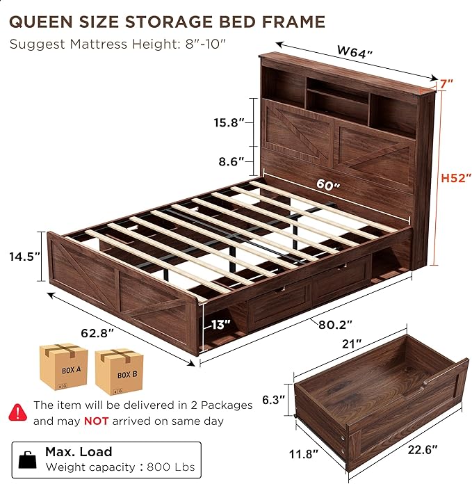 ACCOHOHO Farmhouse Queen Size Bed Frame with 52" Tall Storage Headboard and LED Light,Wood Platform Bed Frame with 4 Drawers and Charging Station,Solid Wood Slats Support,No Box Spring Needed,Brown
