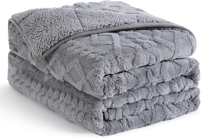 Topblan Weighted Blanket Full Size 15 Pounds, Soft Weighted Blanket with Doubled-Sized Shaggy Sherpa, Jacquard Knitted Stylish Warm Weighted Blankets Throw for Better Sleep, Grey, 48 x 72 inches
