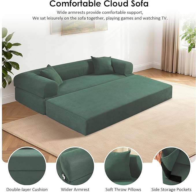 80" Convertible Sofa Bed, 3-in-1 Corduroy Folding Pull Out Couch with Pillows, No Assembly Modern Boneless Couch Compression Sofa in Box, Floor Sofa with Side Storage for Living Room,Light Green
