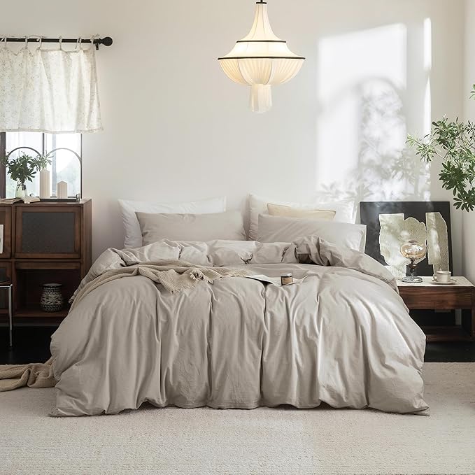 FOSSA Duvet Cover Set 100% Washed Cotton Linen Feel Super Soft Breathable Cozy 3 Pieces Bedding Sets Solid Cream Grey King