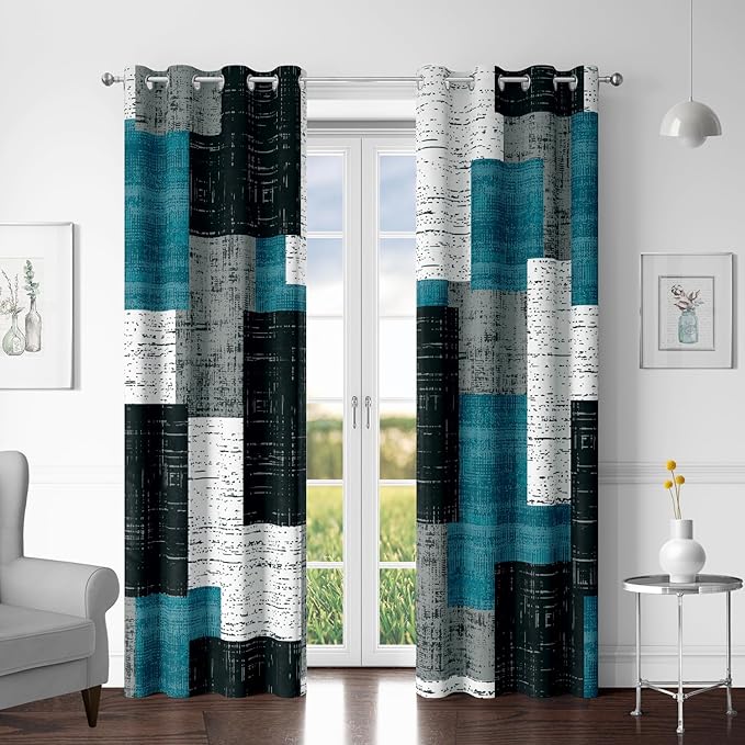 Rustic Blue Grey 100% Blackout Curtains for Bedroom 96 inch Long 2 Panels Set Gray Modern Abstract Geometric Black Out Curtains Insulated Room Darkening Window Drapes for Living Room, 52Wx96L