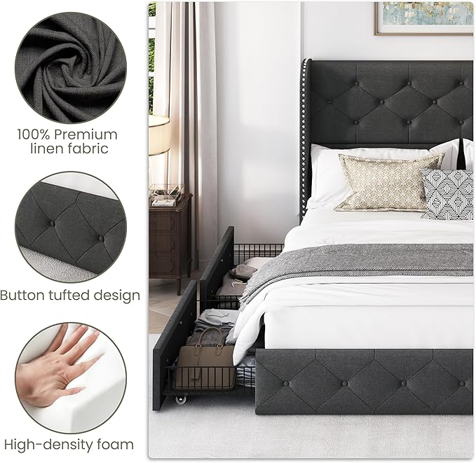 LARMACE Full Size Bed Frame with 4 Storage Drawers and Wingback Headboard Linen Upholstered Platform Bed Frame Tufted Beds with Wooden Slats Support, Easy Assembly, Dark Grey