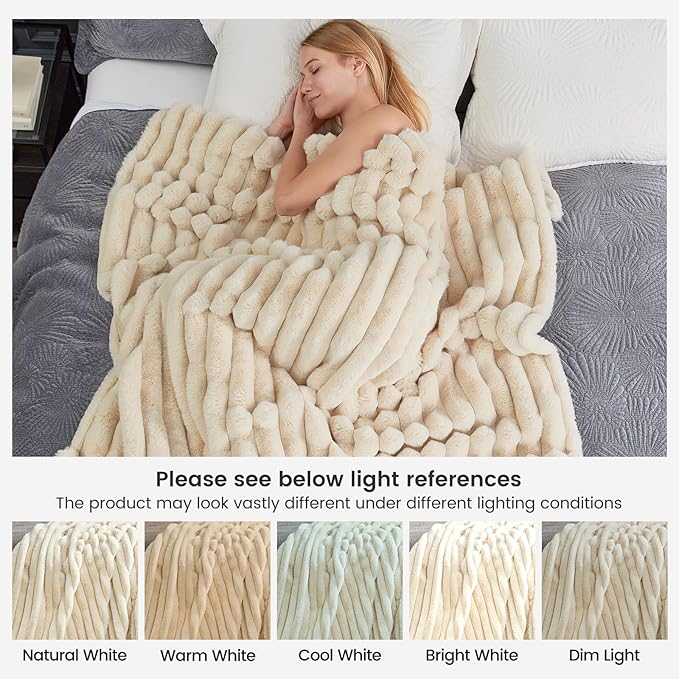 Cozy Bliss Faux Fur Throw Blanket for Couch, Cozy Warm Plush Striped Blanket for Sofa Bedroom Living Room, 60 * 80 Inches Beige
