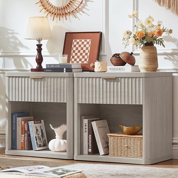 LEYAOYAO Fluted Farmhouse Nightstand Set of 2 with Charging Station, 23" Wide 1 Drawers Night Stand,LightGrey Dresser for Bedroom,Bed Side Table Chest of Drawers,Wood End Table for Living Room