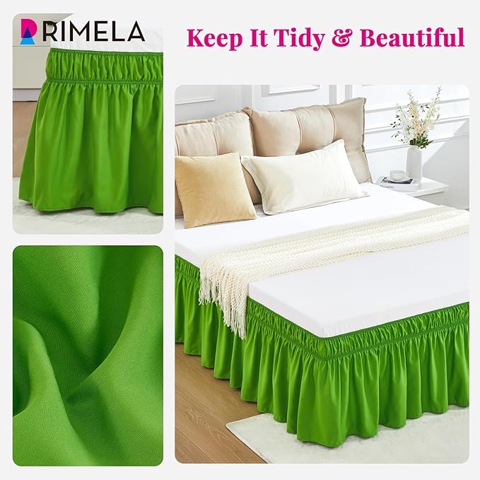 RIMELA Green Bed Skirt Queen Size 15 Inch Drop, Elastic Bed Skirting for Bed Base and Frame, Bedding Dust Ruffle Easy to Install, Lightweight Wrap Around Adjustable Bedskirt