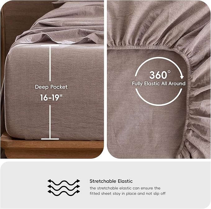 MooMee Bedding Sheet Set 100% Washed Cotton Linen Like Textured Breathable Durable Soft Comfy (Heathered Mauve Brown, Split King)