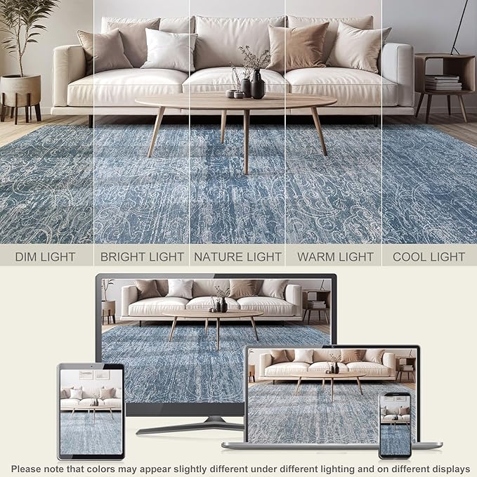 Area Rug Living Room Rugs - 8x10 Washable Large Soft Indoor Neutral Modern Abstract Low Pile Rug Carpet for Bedroom Dining Room Farmhouse Home Office - Dark Blue