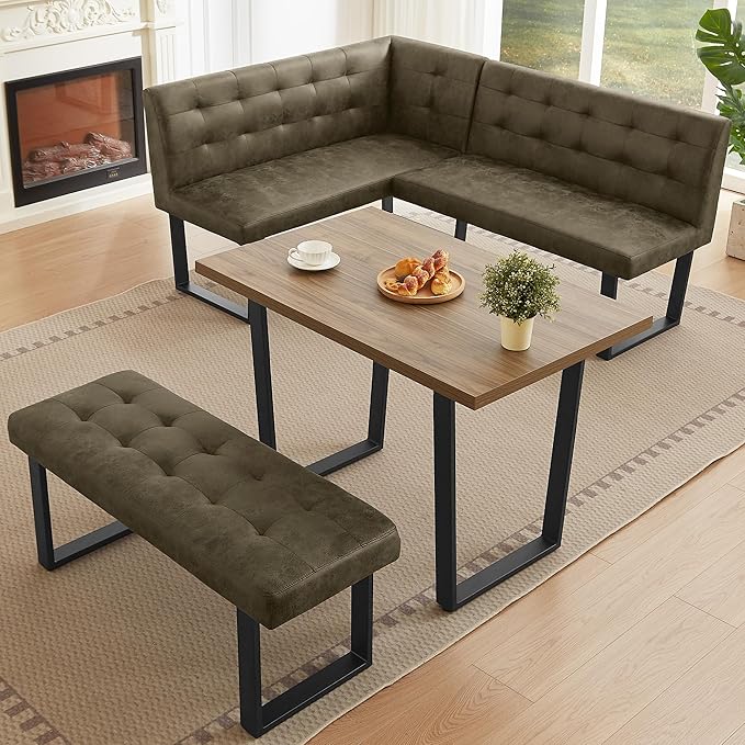 3-Piece Corner Dining Table Set with Bench, 70 Inch Space-Saving Breakfast Nook for Kitchen & Dining Room(Walnut Table+Right Seat Brown Bench)