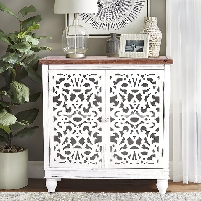 PHI VILLA White Accent Cabinet with Doors, Farmhouse Buffet Sideboard Hollow Carved Small Cabinets
