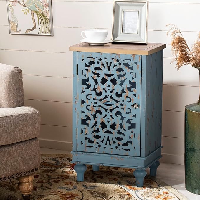 PHI VILLA Small Accent Storage Cabinet with Single Door - Decorative Nightstand for Living Room Bedroom, End Side Table Cabinet Blue