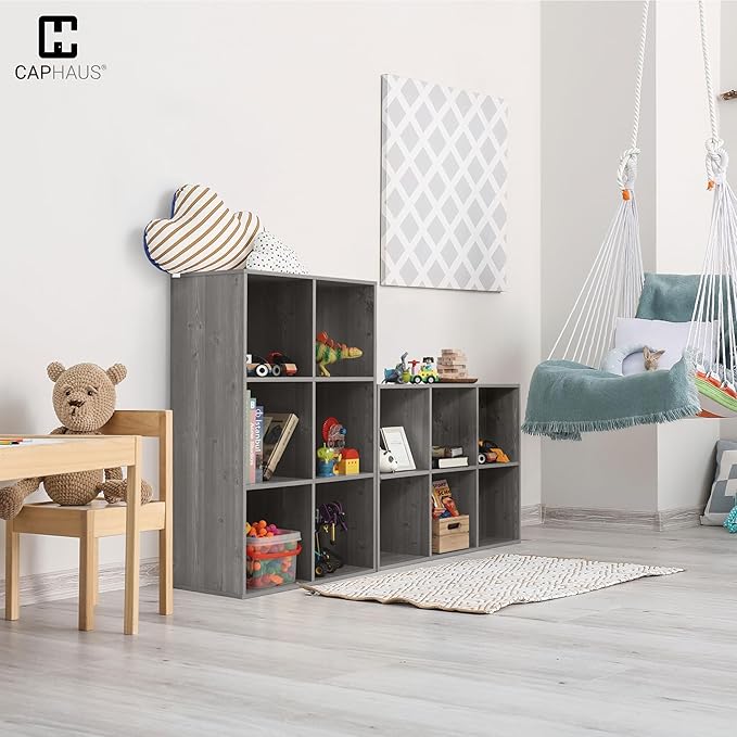 CAPHAUS Sturdy Room 11-Inch Cube Storage Organizer Shelf, with Thick Exterior Edge, Storage Shelf Divider w/Back, Bookcase, 8-Cube, Greige Oak