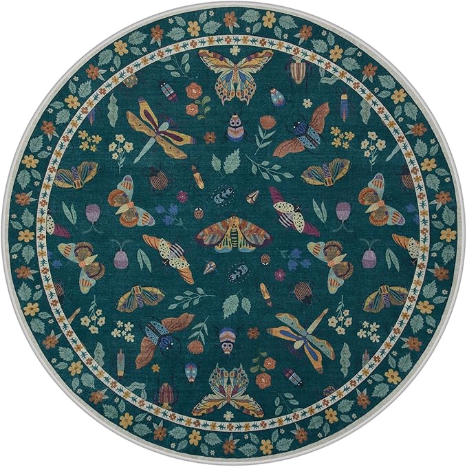 Lahome Insect Washable Round Rugs, Non-Slip Soft Round Rug 4ft Ultra-Thin, Small Boho Circle Carpet for Entryway Kitchen Bedroom Nursery Bathroom, Dark Green