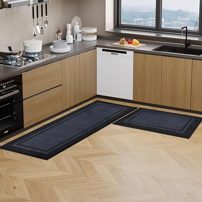 Kitchen Rugs 24" x 84", Non-Slip Machine Washable Kitchen Runner Rugs Floor Mats, Absorbent Comfort Standing Mats for Kitchen, Sink, Laundry and Hallway, Rolled Packaging, Bluish Grey & Charcoal