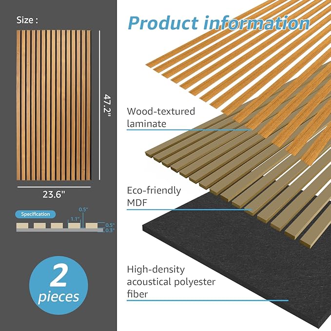 Art3d 2-Pack Acoustic Wood Slat Wall Panels for Interior Decor, 3D Fluted Sound Absorbing Wood Paneling for Accent Wall Ceiling Kitchen Living Room Bedroom Office, 47.2 x 23.6 inch Teak