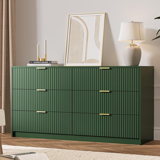 Green 6 Drawer Dresser for Bedroom, 55" Wide Modern Chest of Drawers with Gold Metal Handles, Fluted Wood TV Stand for Living Room, Hallway