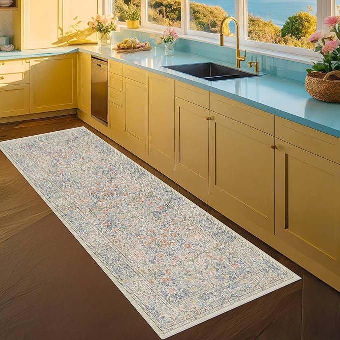Washable Bathroom Runner Rug 2x6 - Long Runner Rugs for Laundry Room, Bedroom, 24 x 72 Kitchen Floor Mat - Non Slip Vintage Design Décor, Beige Blue