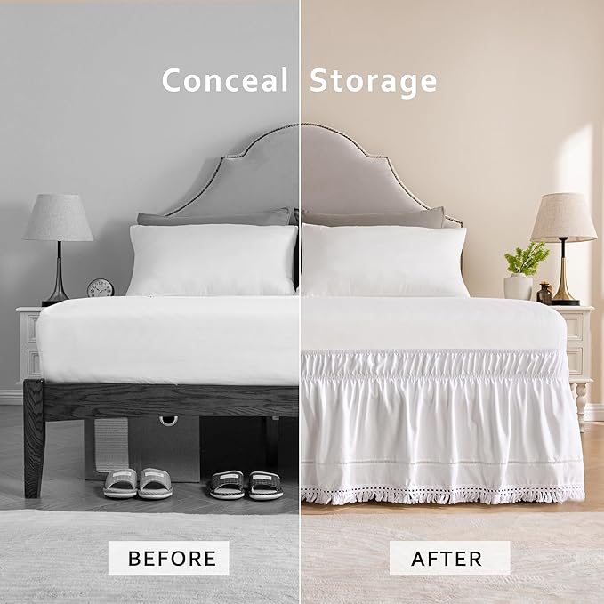 MIYE Wrap Around Ruffled Lace Bed Skirt, Elastic Dust Ruffle with Adjustable Belts, Easy to Put On, Bed Frame Cover, Machine Washable (Tassel Ruffle/White, King/Queen-12.5" Drop)