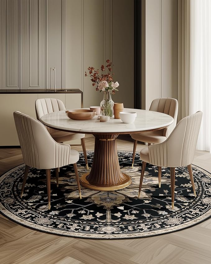 Area Rugs 5ft Washable Non-Slip, Floral Vintage Distress Print Pattern Medallion Carpet for Living Room Bedroom Dining Room, Black Brown Neutral Dark Tan