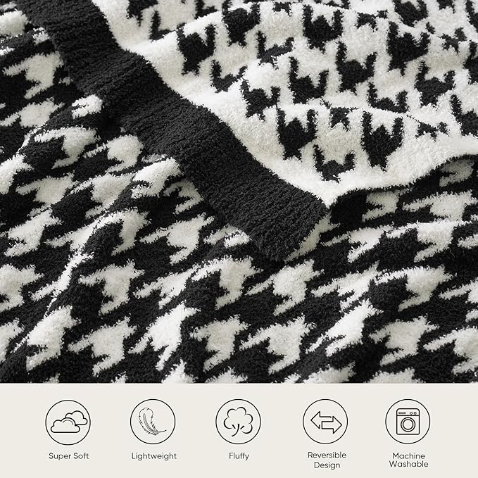 Snuggle Sac Houndstooth Throw Blanket for Couch, Reversible Super Soft Warm Blankets Cozy Knit Fuzzy Plush Lightweight Throws for Sofa, Bed, Camping, Black,50x60 inches