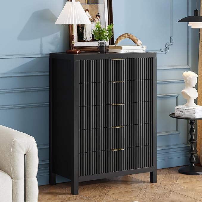 43" 5 Drawer Dresser Tall Dresser Organizer TV Drawer Cabinet Modern Wood Storage Cabinet, Modern Wood Storage Cabinet for Bedroom, Hallway, Entryway, Black