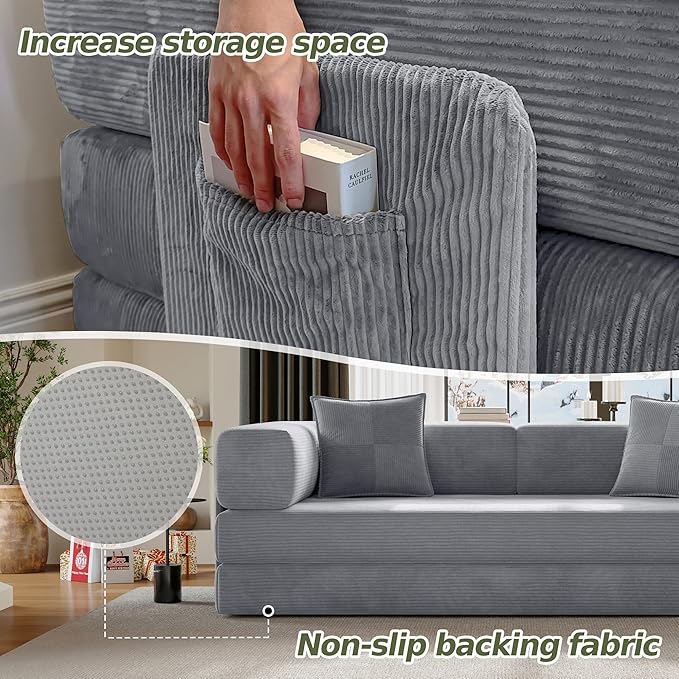 78.8" Convertible Futon Sofa Bed,Corduroy Futon Couch with Storage Pocket,Folding Pull Out Sofa,No Assembly Boneless Couch for Living Room,Grey