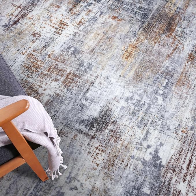 IOHOUZE Abstract Runner Rug 3x18 Ft Washable Runners for Hallways, Non Slip Kitchen Runner Printed Faux Wool Entryway Runner Indoor, Modern Abstract Floor Carpet for Hall Stair, Orange Grey