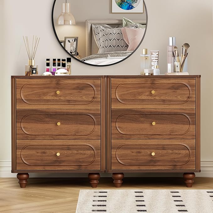 3 Drawer Fluted Dresser for Bedroom, Mid Century Modern Chest of Drawers, Wood Storage Small Dresser Organizer for Bedroom Living Room Hallway Closet, Walnut