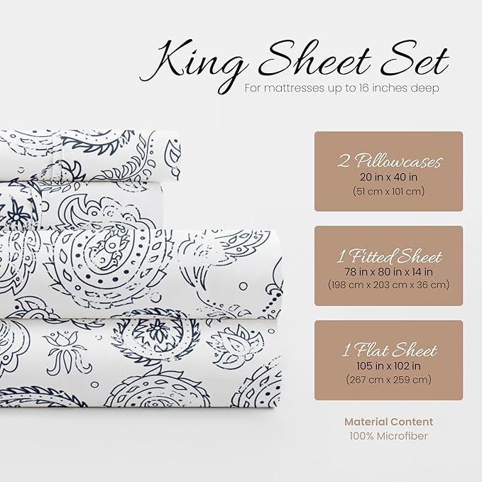 Linen Market Patterned Microfiber King Sheet Set 4 Piece – Oeko-TEX Certified Ultra Soft & Wrinkle-Free - 16" Deep Pocket Sheets - Easy Care King Size - Coarse Paisley Navy