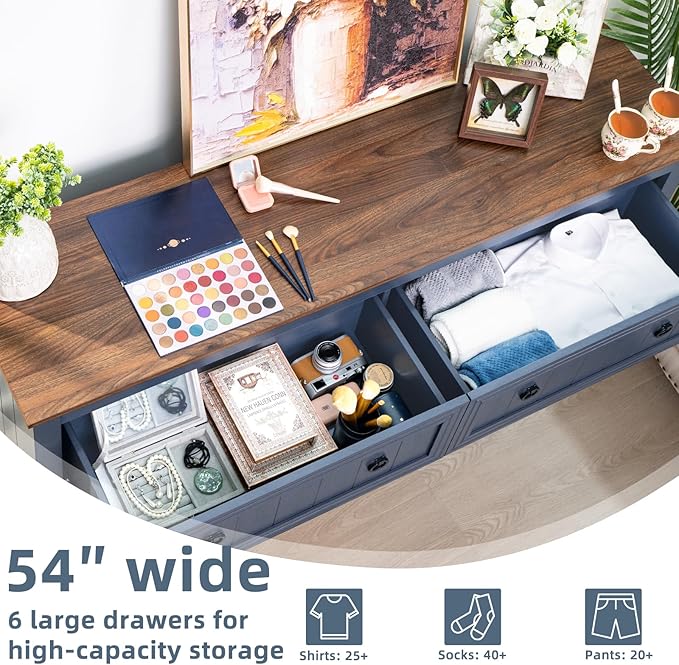 Bedroom Dresser and Nightstand Sets 4 Piece, Farmhouse 6 Drawers Dresser & 40.5" Tall Chest of Drawers,18" Nightstands with Charging Station,54" Wide Furniture Dressers for Bedroom,Living Room