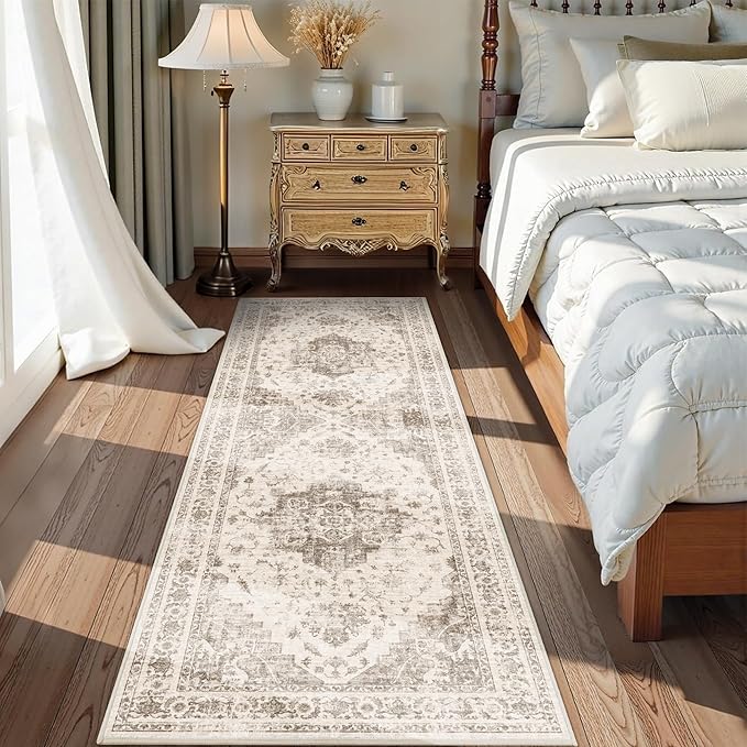 2x6 Hallway Washable Runner Rug Vintage Non-Slip Soft Kitchen Mat Boho Medallion Distressed Farmhouse Carpet Floral Low Pile Indoor Throw Rug for Entryway Bathroom Living Room Bedroom, Taupe