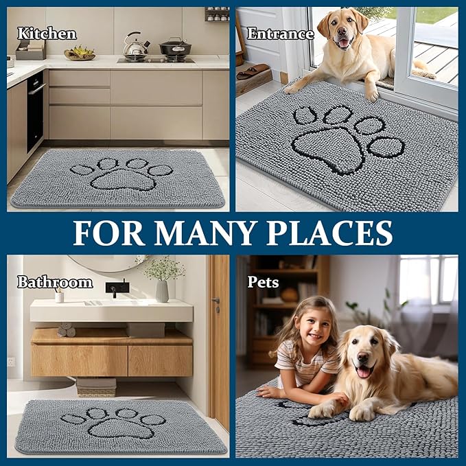 OLANLY Dog Door Mat for Muddy Paws 59x35, Paw Print Design, Absorbs Moisture and Dirt, Absorbent Non-Slip Washable Doormat, Quick Dry Chenille Mud Mat for Dogs, Entry Indoor Entryway Carpet, Grey