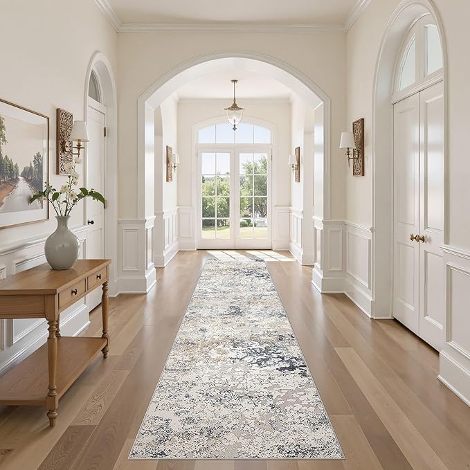 Washable Runner Rug for Hallway: 2.6x10 Neutral Modern Abstract Low Pile Area Rug with Non-Slip Backing - Carpet for Bedroom Kitchen Laundry Entryway Bathroom Indoor - Beige Blue