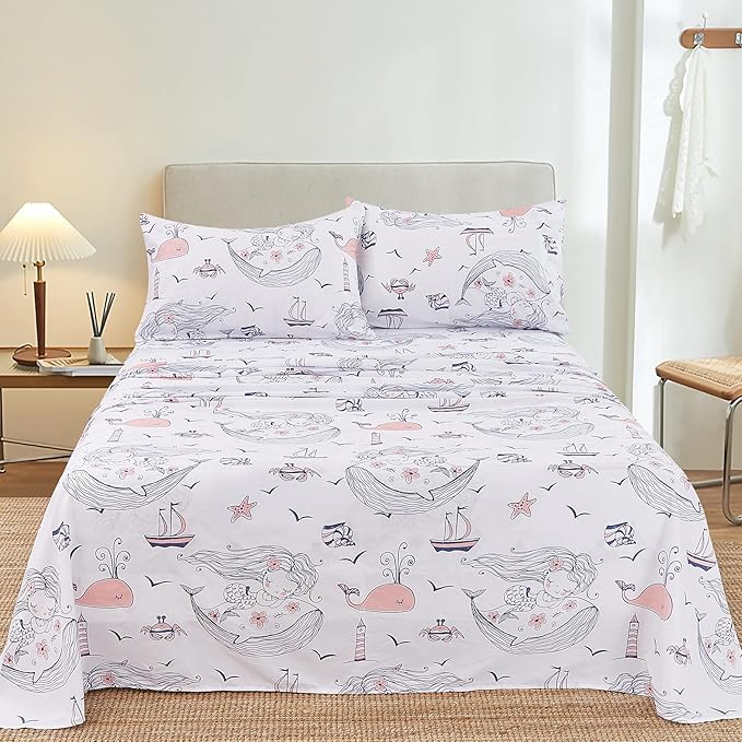 JSD Mermaid Whale Kids Sheet Set Full Size, 4 Piece Ocean Theme Microfiber Sheets for Girls Deep Pocket