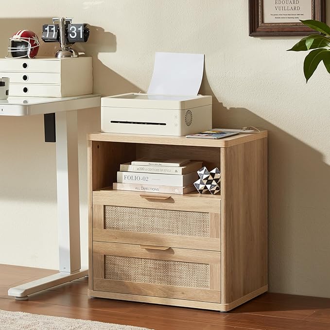 LEYAOYAO Rattan Dresser and Nightstand Sets 3 Piece, Boho Wood Dresser for Bedroom with 6 Drawers and Night Stand with Charging Station, Bedroom Furniture, Dressers & Chests of Drawers, Living Room