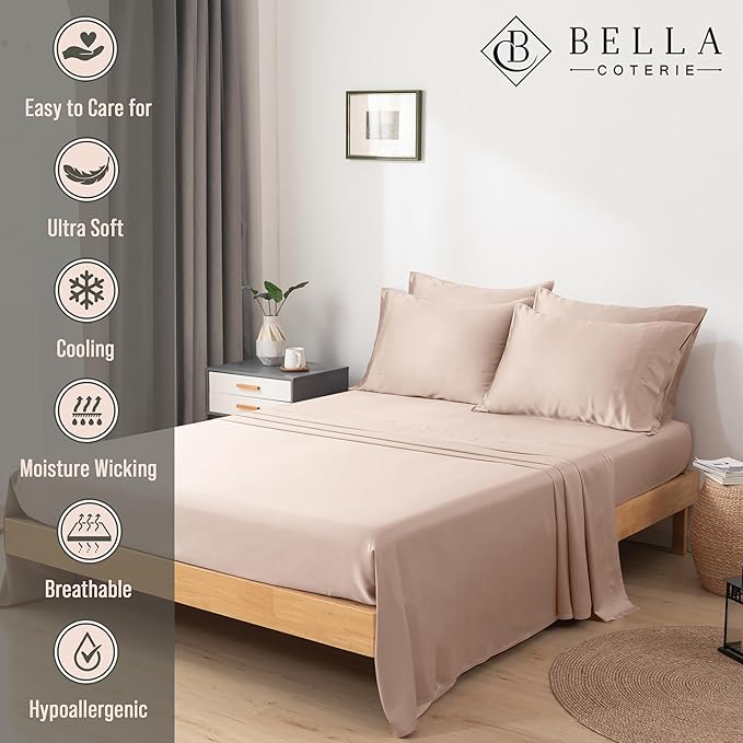 Bella Coterie 6 Piece Luxury Bamboo Viscose California King Size Sheet Set | 100% Organically Grown | Cooling for Hot Sleepers | 18" Deep Pocket | Soft & Hypoallergenic | 4 Pillowcases [Dusty Rose]
