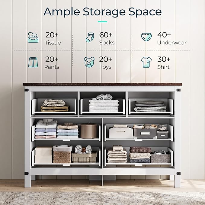 LINSY HOME Farmhouse Dresser for Bedroom with 7 Drawers, 53” Wide Rustic Wood Chest with Deep Drawer, Modern Dressers with Storage and Metal Handles for Closet, Living Room, Hallway, Off White