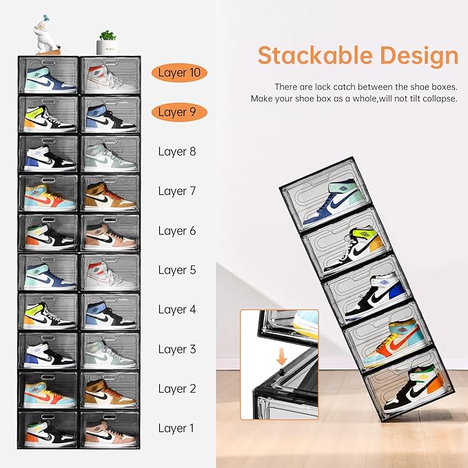 New Gray 8 Pack Shoe Boxes Stackable, Large Shoe Storage Organizer with Lids,Drop Side Shoe Containers for Entryway,Sneaker Storage Fit up to US Size 13 for Men/Women(13’’x 10.6”x 8.3”)