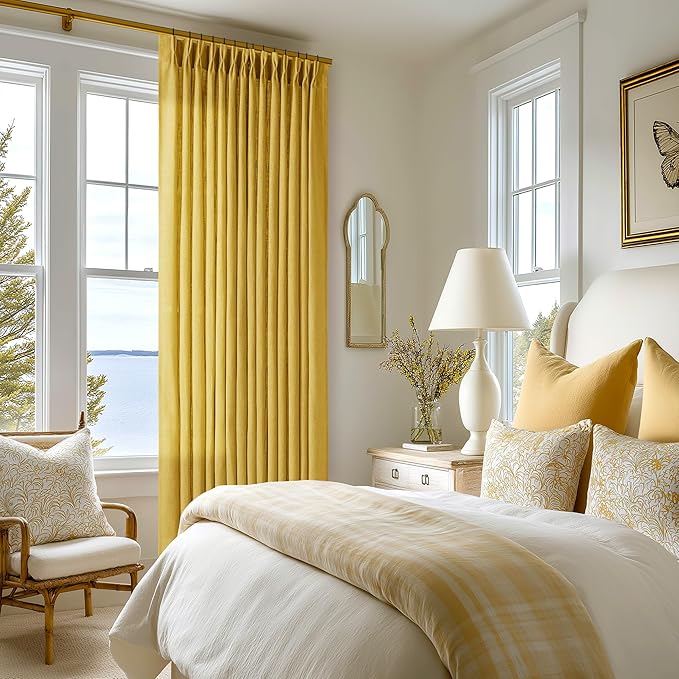 Pleated Linen Curtains 96 Inches Long for Living Room 2 Panel Set Semi Sheer Light Filtering Pinch Pleat with Rings Hooks Drapes Spring Farmhouse Rustic Mustard Yellow Gold Curtain Bedroom Window