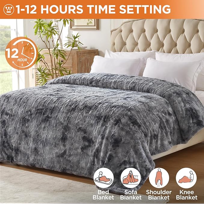 Westinghouse Electric Blanket Twin, Faux Fur Heated Blanket with 10 Heating Levels & 1-12 Hours Auto Off, Soft Cozy Sherpa Heated Blanket Washable Blanket (62" x 84" Twin Size, Grey)