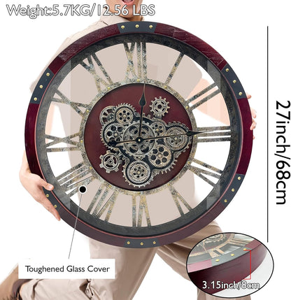 DORBOKER 27" Original Moving Gears Wall Clock, Large Industrial Wall Clock for Living Room Decor, Retro Metal Solid Wood Vintage Farmhouse Steampunk Rustic Clocks for Wall Decor,Cherry Red