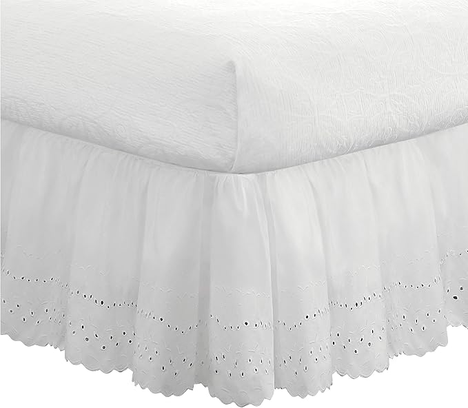 Fresh Ideas Eyelet Bed Skirt, Ruffled Design, 18 Inch Drop, Embroidered Scalloped Edge, King, White