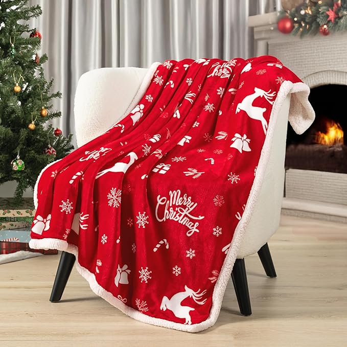PAVILIA Red Reindeer Christmas Sherpa Throw Blanket, Ultra Soft Reversible Fleece Sherpa 60x80 Winter Blanket for Couch & Bed, Cozy Christmas Home Decor Holiday