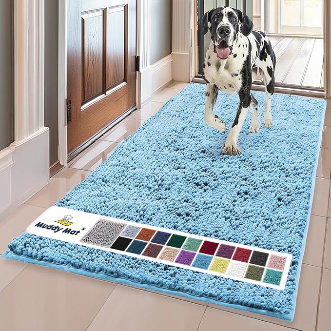 Muddy Mat® | Super Absorbent Door Mat Indoor, Microfiber Quick Dry Chenille Entryway Rug, Non-Slip Front Door Mat, Indoor Mats for Entryway, Machine Washable Pet Rug, Sky Blue 24" x 96"