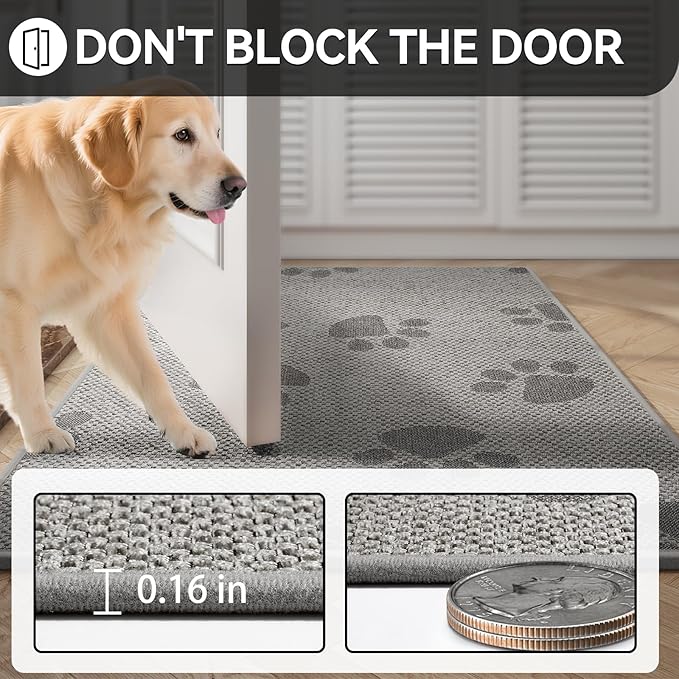 Door Mat Indoor Entrance 24"x35", 0.16" Thin Paw Print Low Pile Doormat, Non Slip Welcome Mat, Trap Dirt and Moisture, Easy Clean, Gray