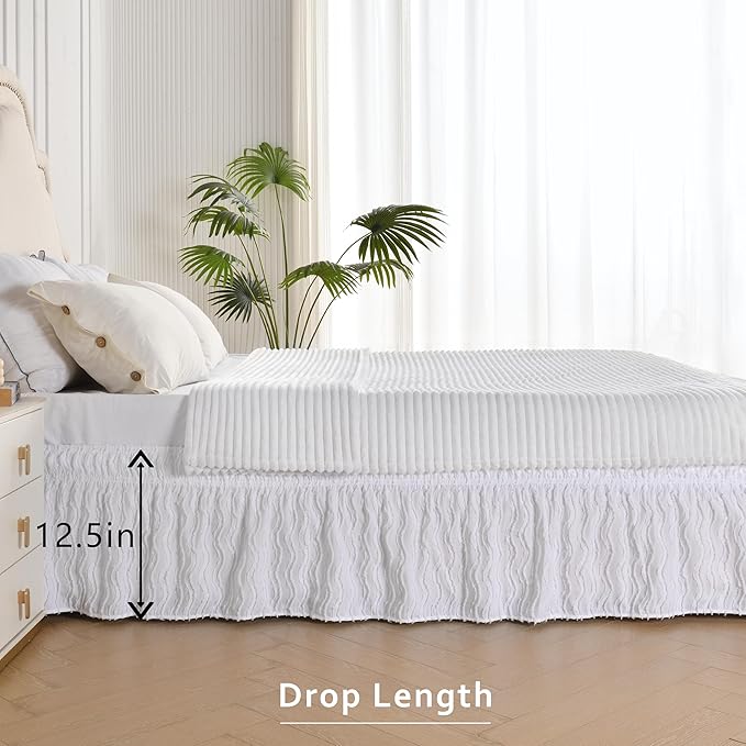 MIYE Wavy Tufted Bed Skirt - Wrap Around Dust Ruffle with Elastic Belts - 12.5 Inch Drop Easy to Put On - Bedskirt Machine Washable ＆ Wrinkle Resistant(Wavy/White, King/Queen-12.5 Drop)