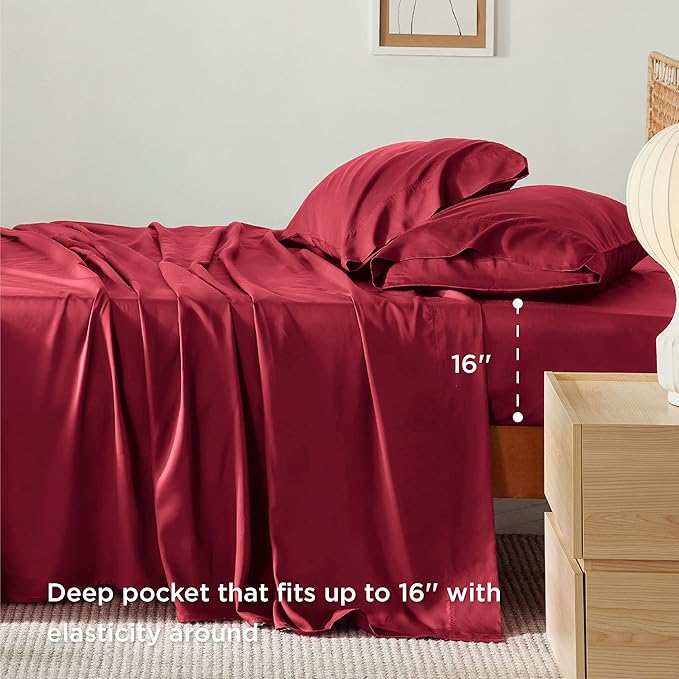 Bedsure Twin Sheets Set, Cooling Sheets Twin Size Bed Set, Rayon Derived from Bamboo, Twin Size Sheets, Breathable & Soft Bed Sheets, Hotel Luxury Silky Bedding Sheets & Pillowcases, Burgundy