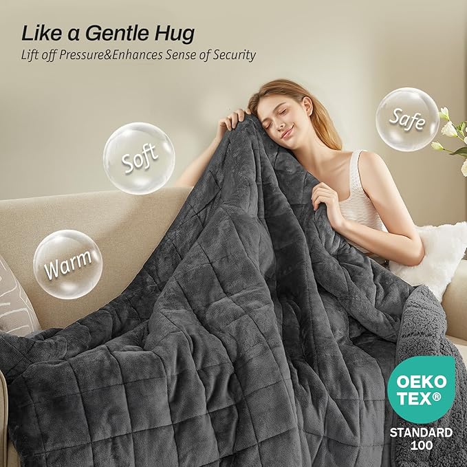 Sherpa Fleece Adult Weighted Blanket, 15 Pounds Dual Sided Soft Plush Blanket for Couch Bed Sofa, Heavy Thick Blankets with Glass Beads Great for Sleep, 60 x 80 inches, Dark Grey on Both Sides
