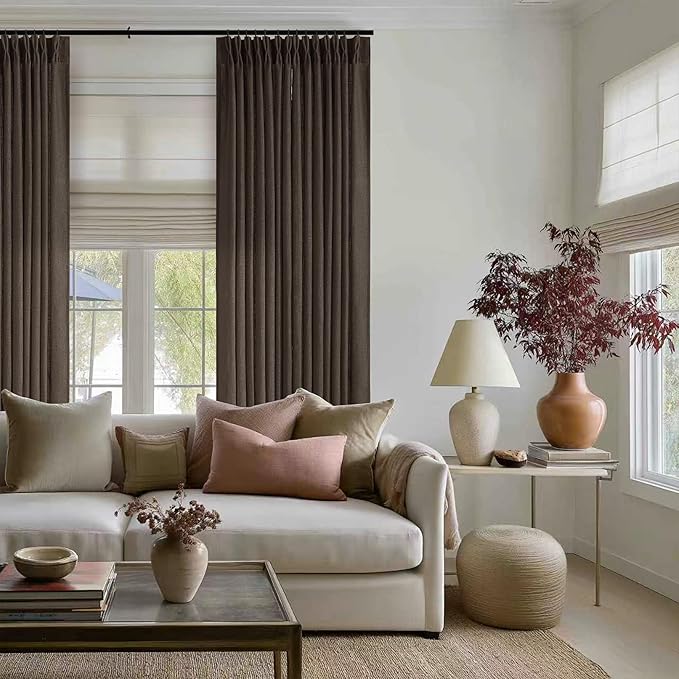 Dark Chocolate Pinch Pleated Linen Curtains 2 Panels for Living Room Bedroom Memory Training Shaped Semi Sheer Pleat Drapes with Hooks Rings Light Filtering Window Curtain 40x108