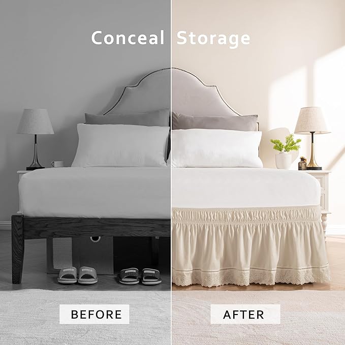 MIYE Wrap Around Ruffled Lace Bed Skirt, Elastic Dust Ruffle with Adjustable Belts, Easy to Put On, Bed Frame Cover, Machine Washable (Embroidered/Light Beige, King/Queen-12.5" Drop)